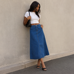 Blue Denim Elastic Waist Maxi Skirt