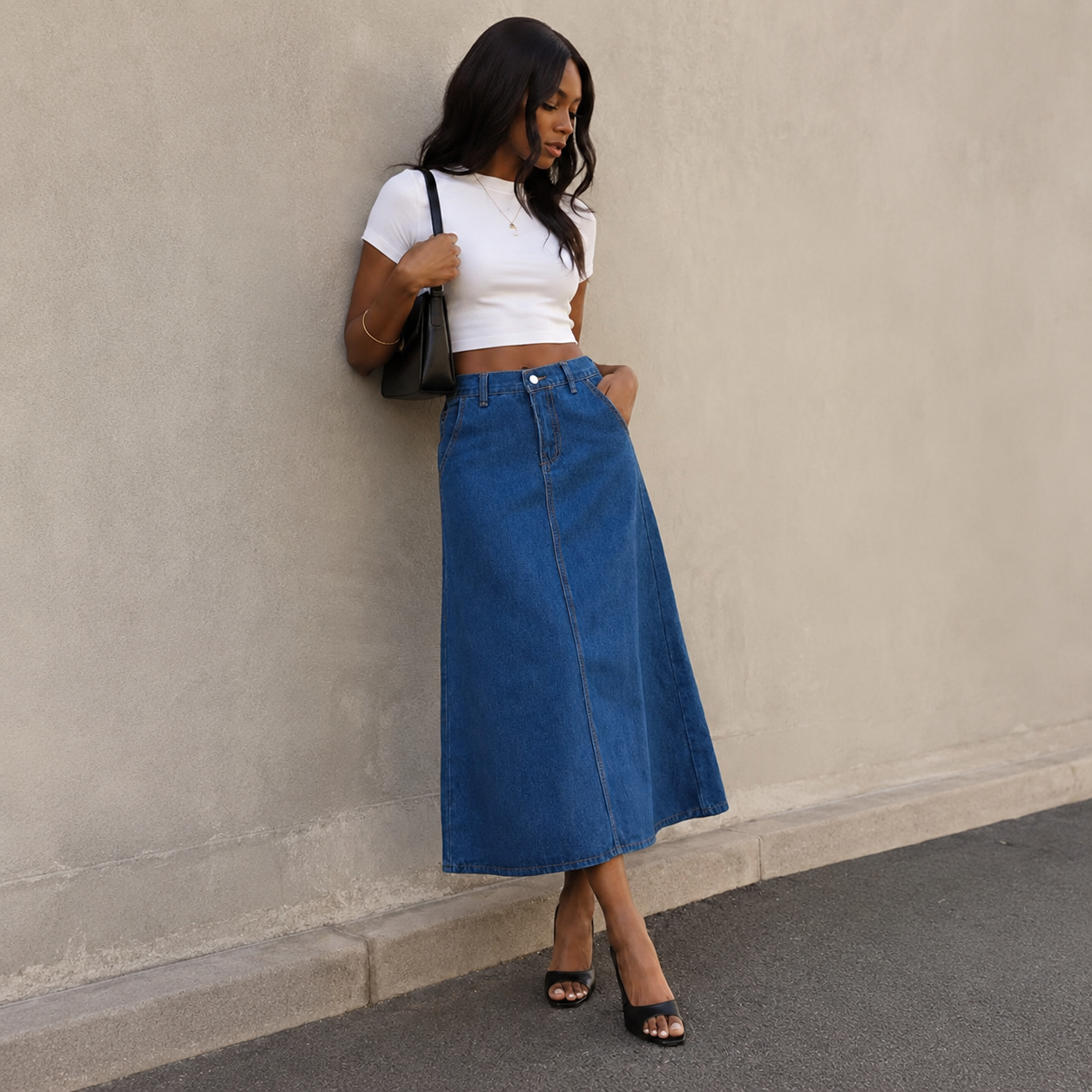 Blue Denim Elastic Waist Maxi Skirt