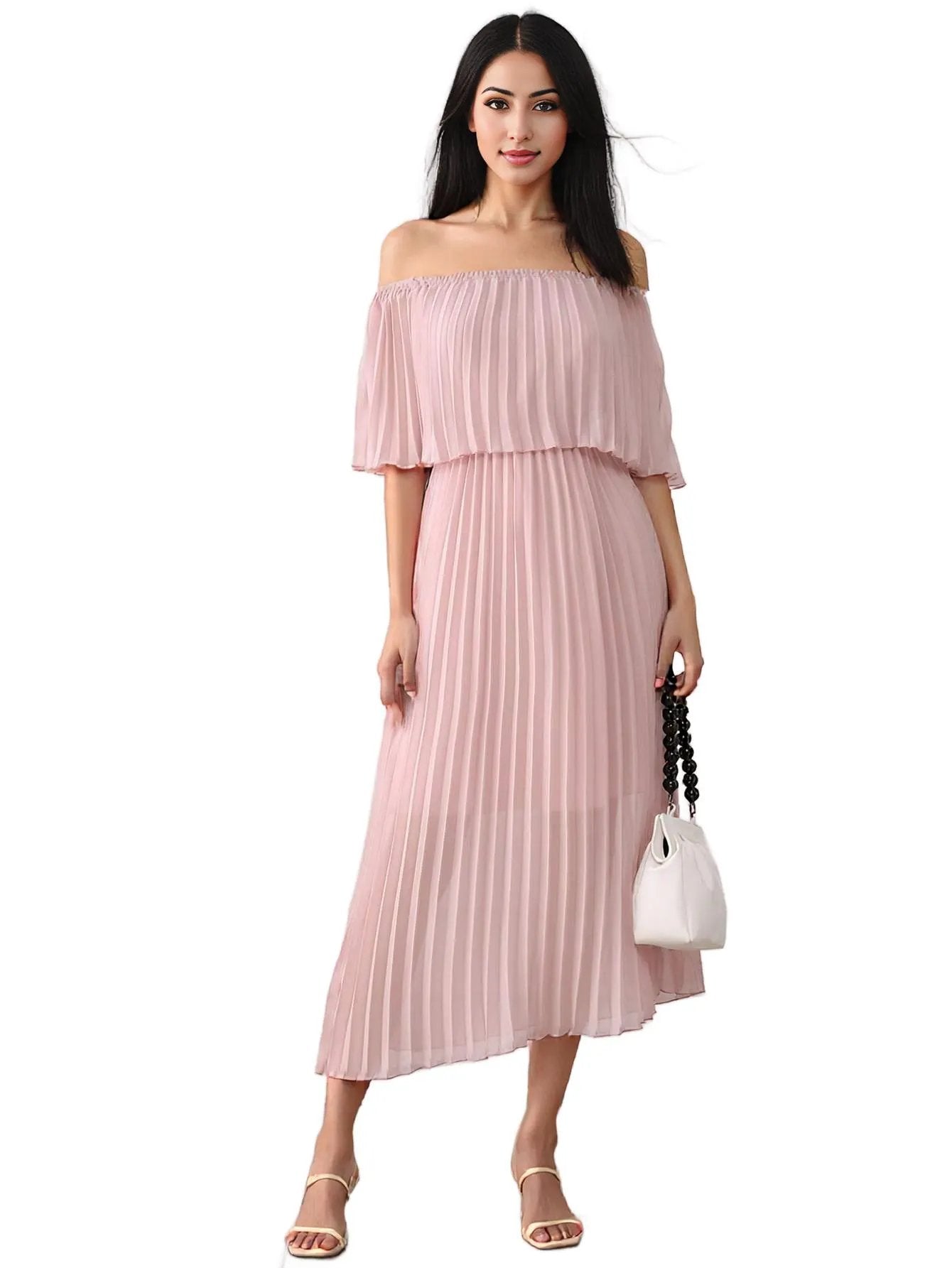 Pink Off-Shoulder Chiffon Pleated Midi Dress 