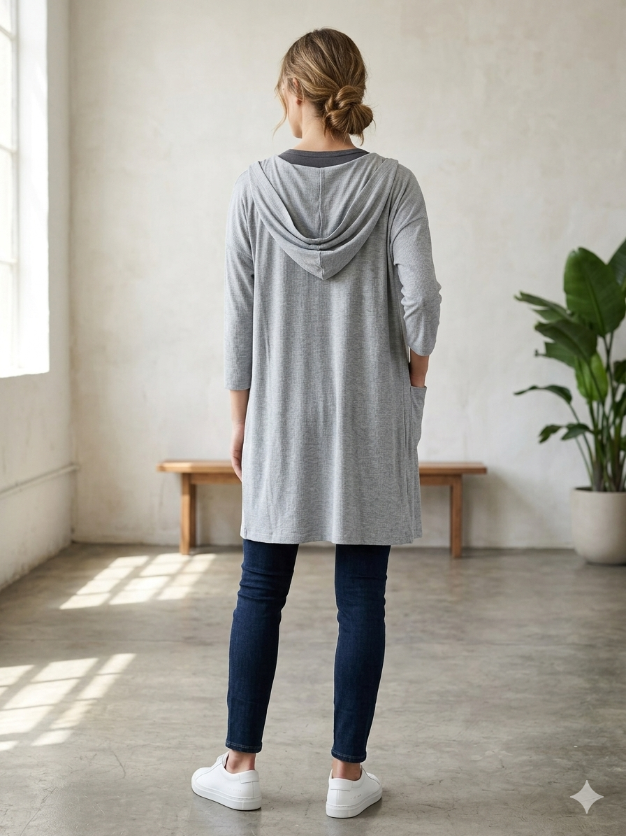 Open Front Drop Shoulder Overlay  Coat with hoodie