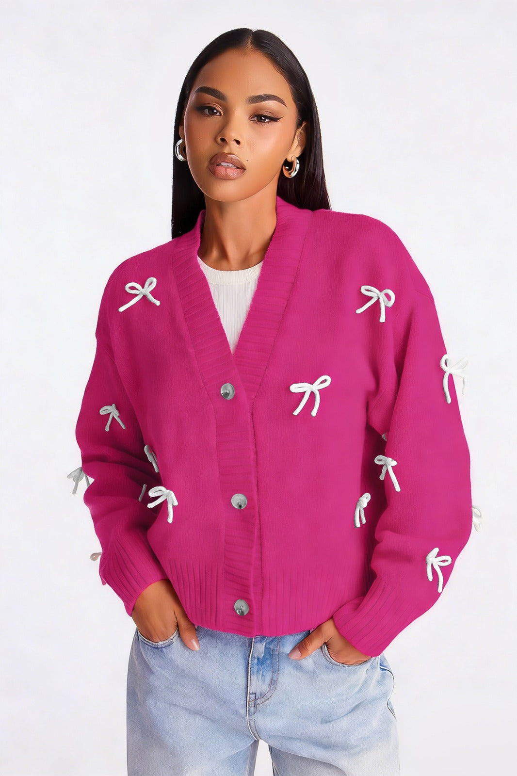 Bow Detail Button Knit Cardigan for Women
