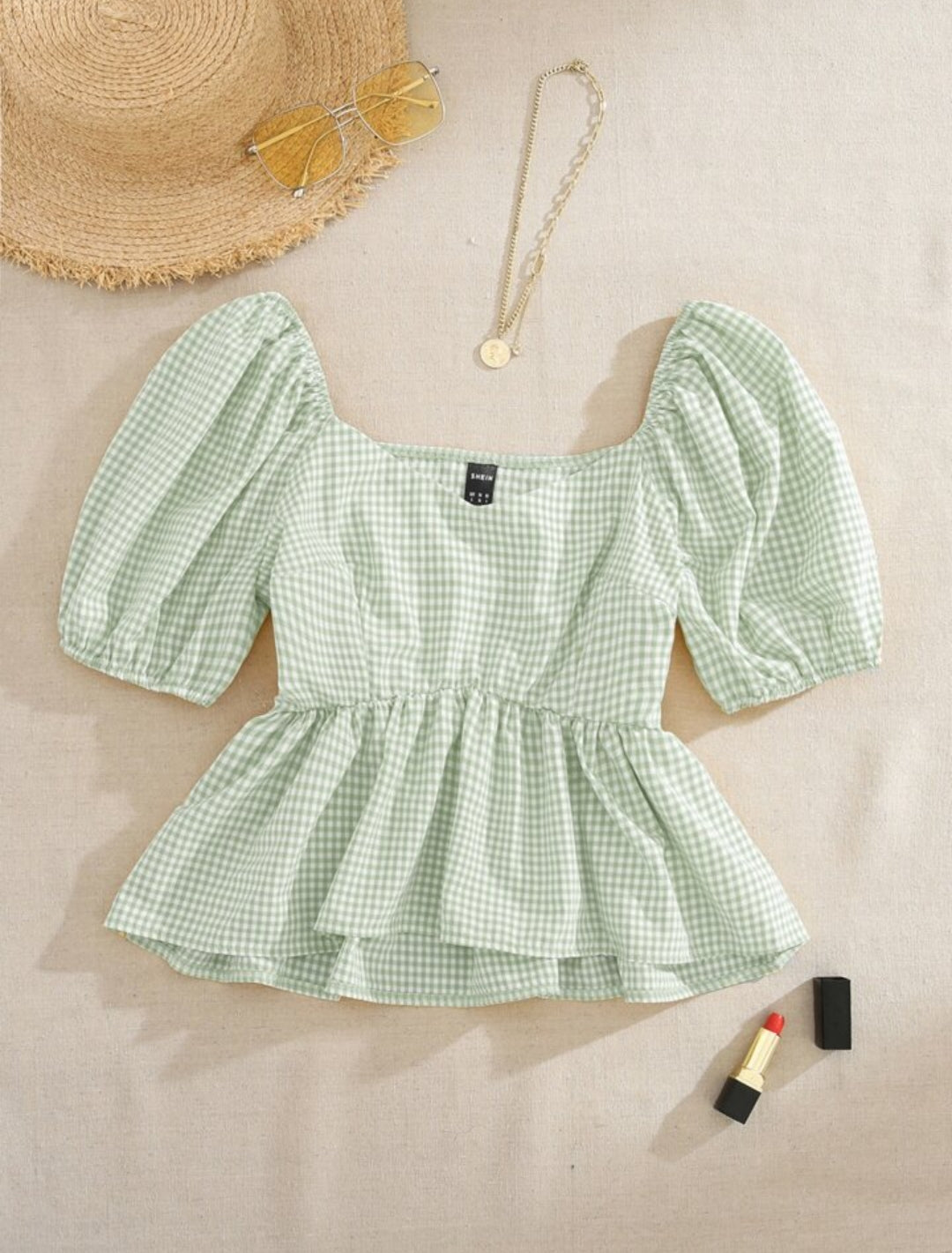 Puff Sleeve Gingham Top – Square Neck Peplum Blouse