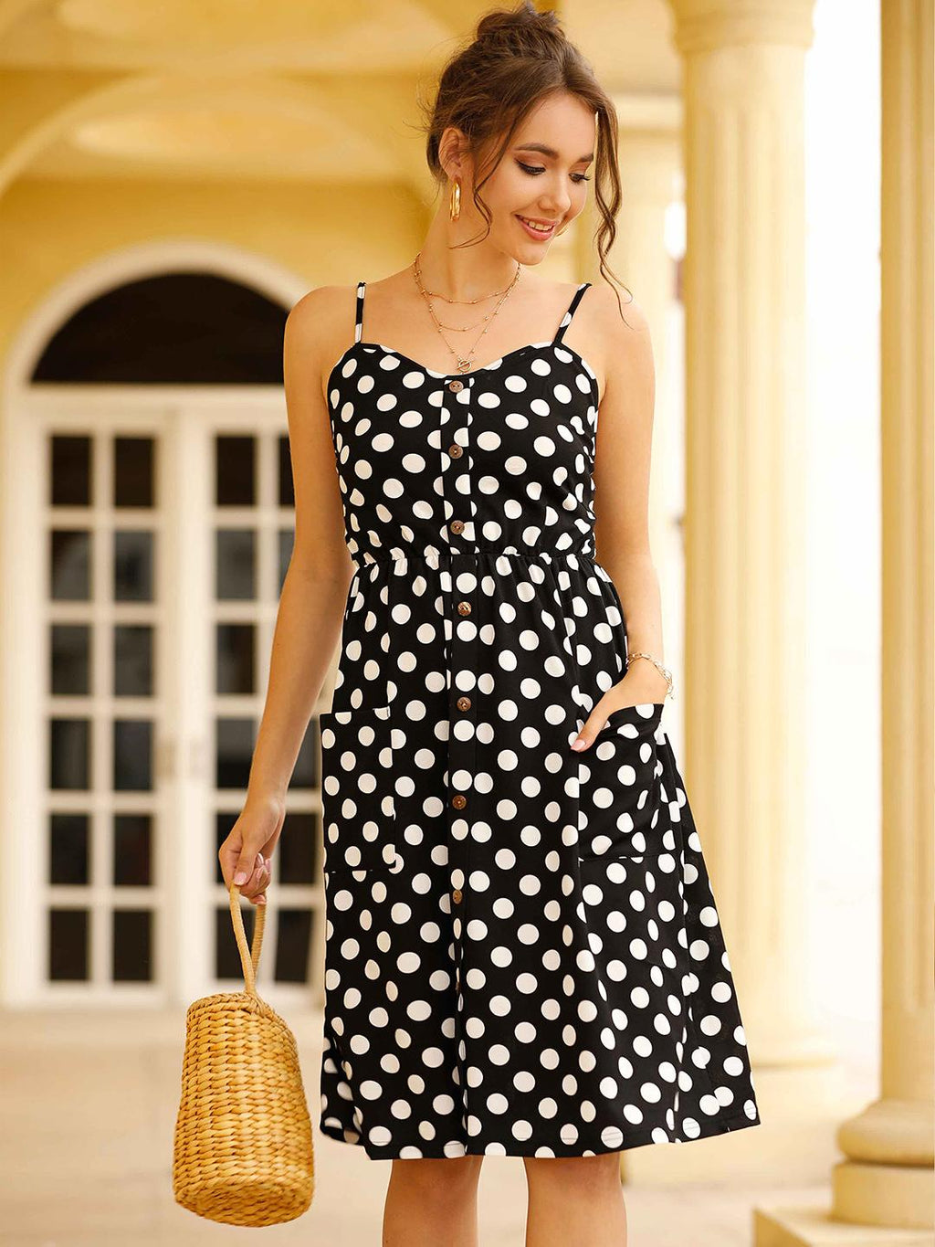 Polka Dot & Daisy Print Button Front Cami Dress