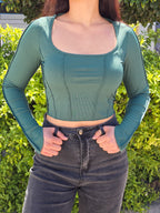 Square Neck Patchwork Long Sleeve Rib Knit Crop Top