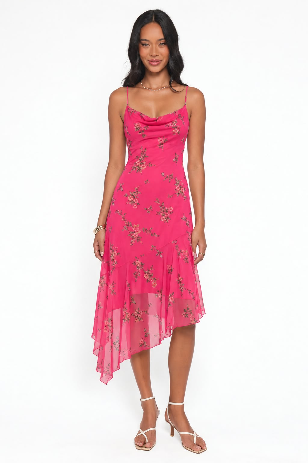 Floral Cowl-Neck Asymmetric Midi Dress