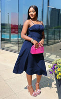 Ruched Denim  Bodice Strappy Midi Dress