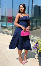 Ruched Denim  Bodice Strappy Midi Dress