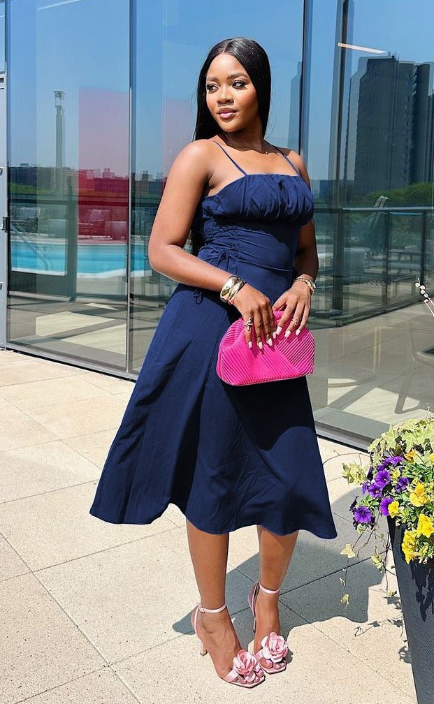 Ruched Denim  Bodice Strappy Midi Dress