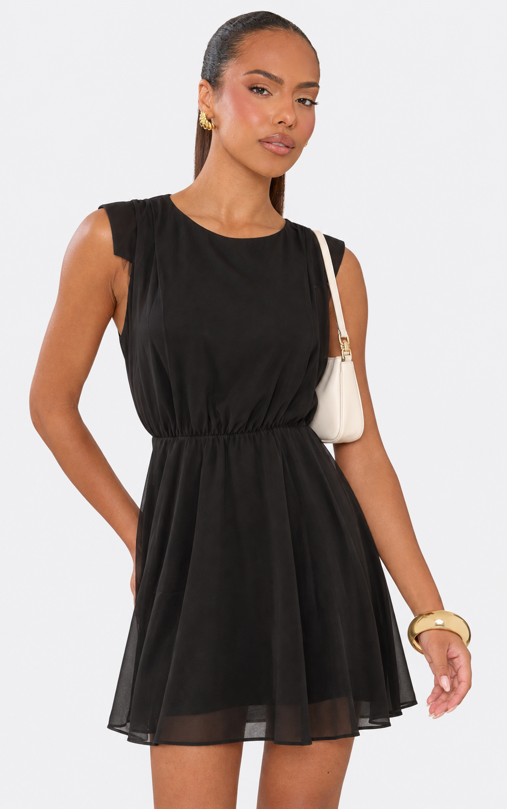 Mini elastic waist linen dress