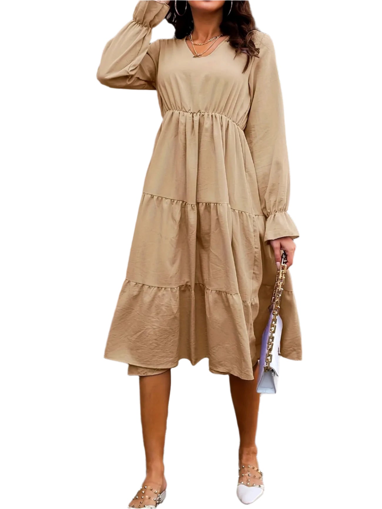 Elegant Long-Sleeve Tiered Dress – Chic & Comfortable Women's Fashion