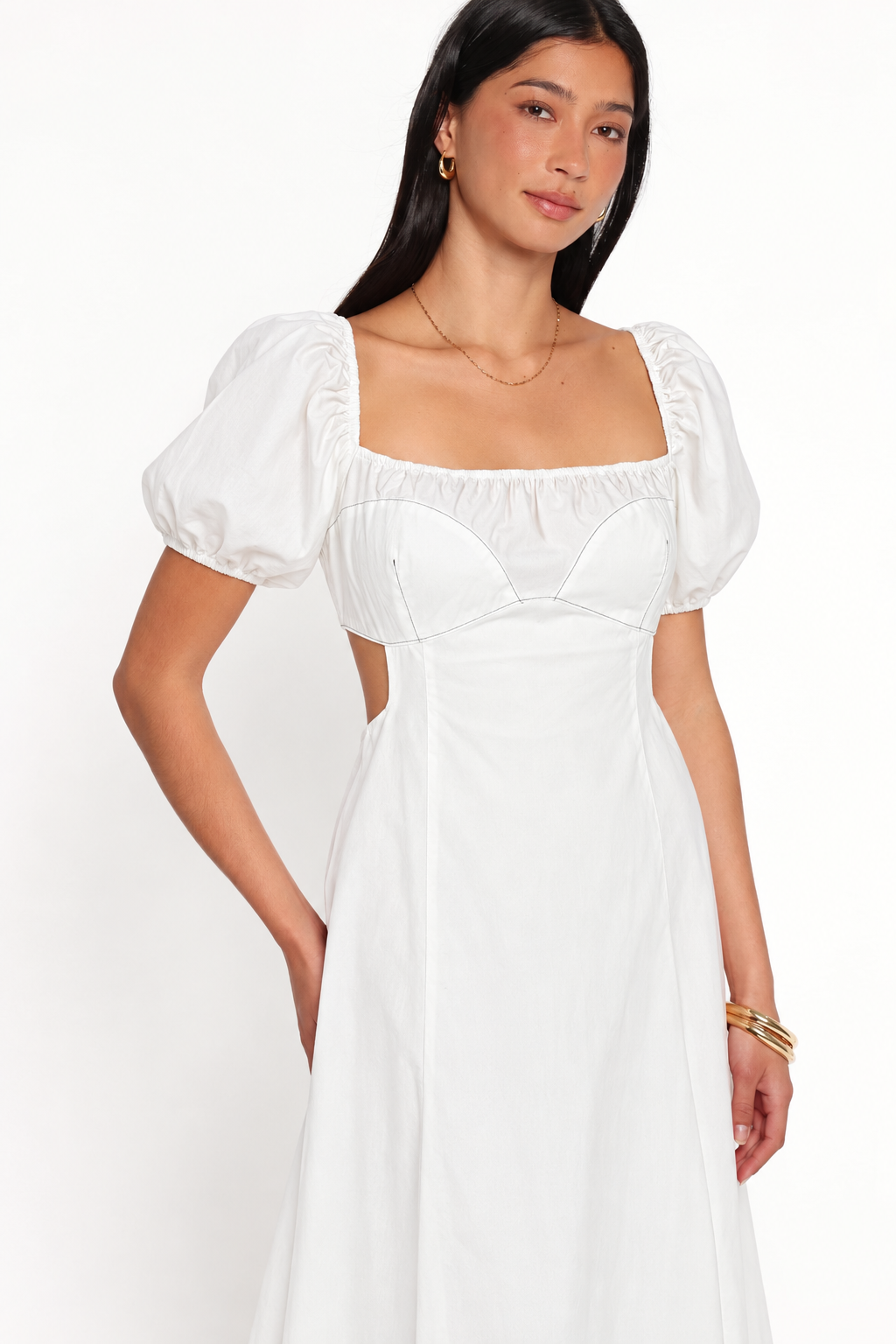 White Cutout Puff Sleeve Curve Midi Dress