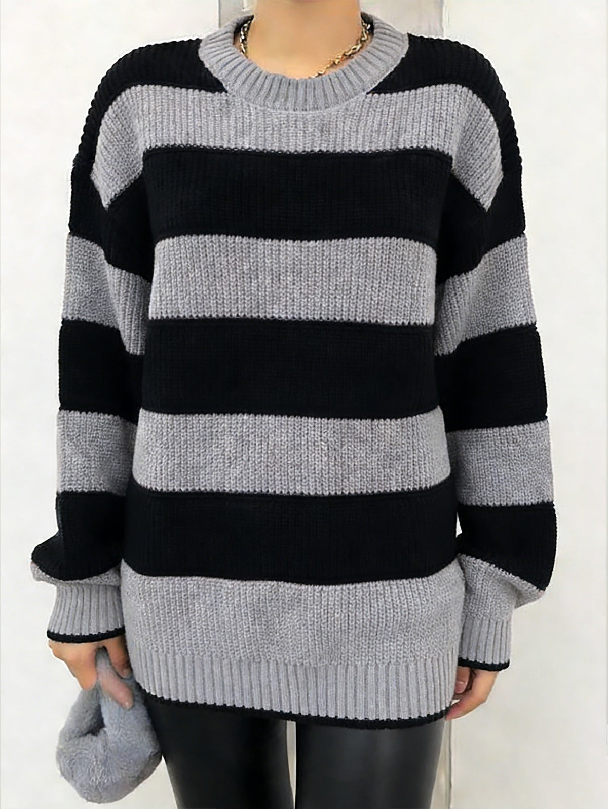 Oversized Striped Chunky Knit Sweater for Women