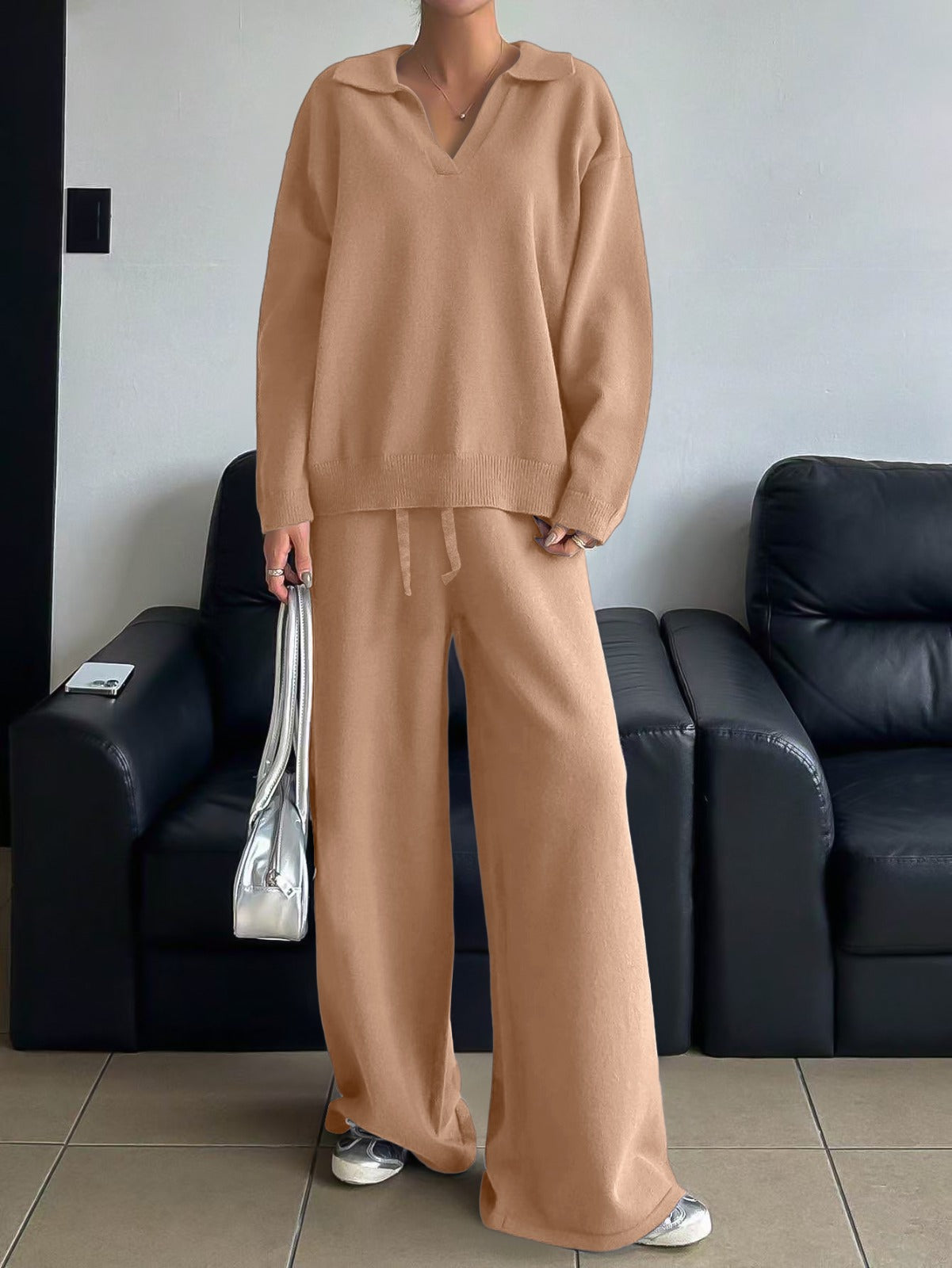 Relaxed Knit Collar Top & Wide Leg Pants 2-Piece Lounge Set