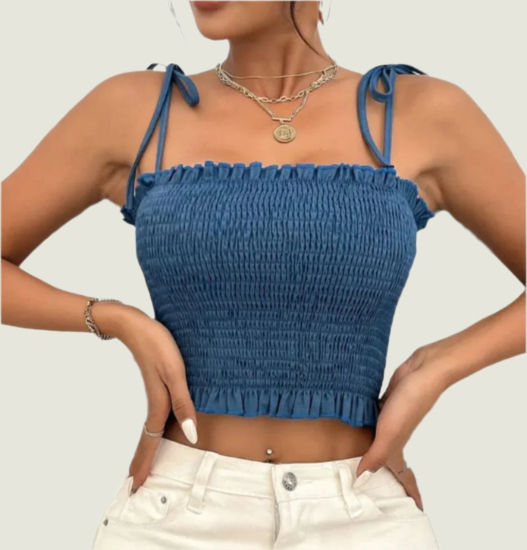 Smocked Ruffle Crop Top – Adjustable Tie Straps for a Stylish & Flattering Look