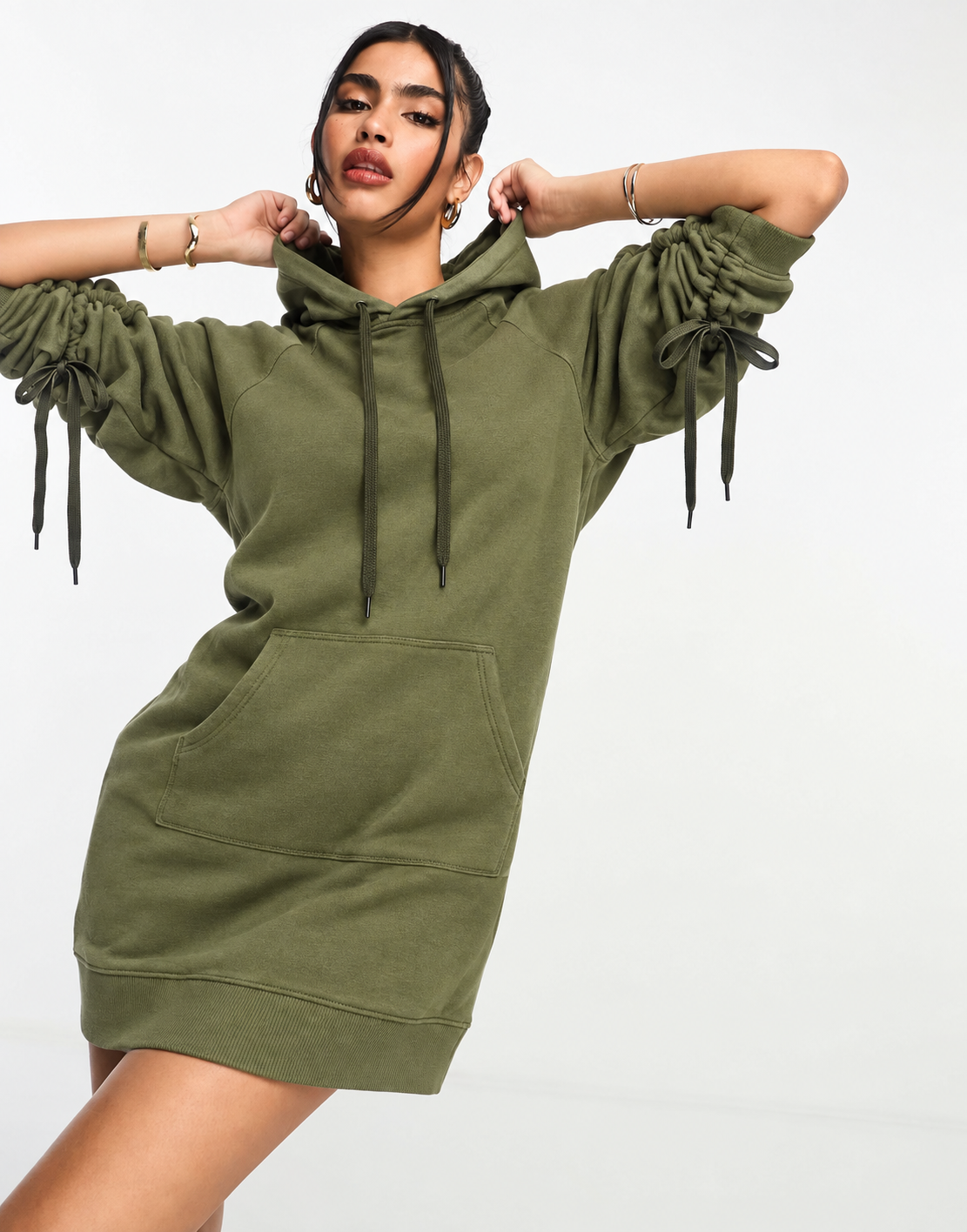 City Rush Ruched-Sleeve Hoodie Dress