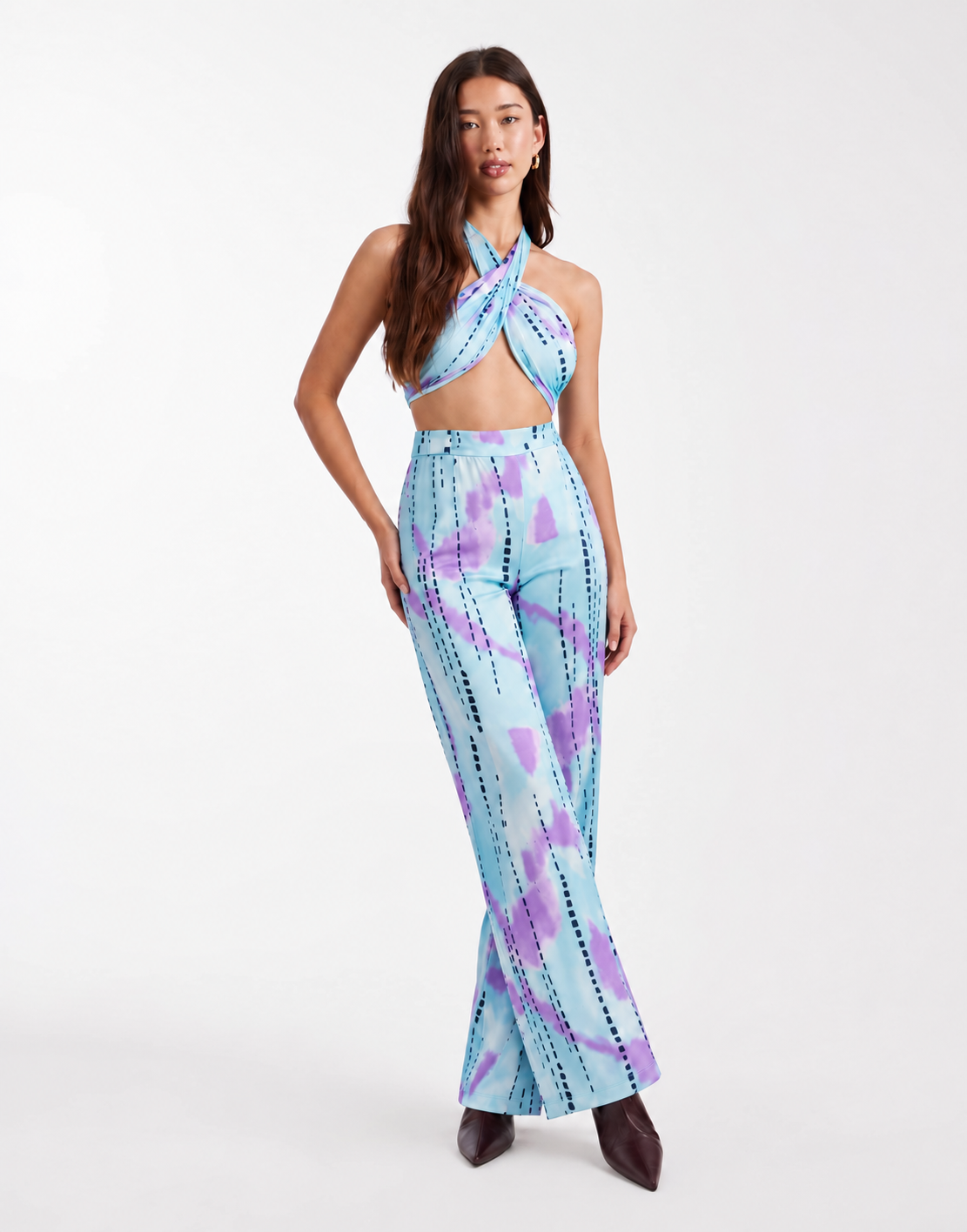 Halter Wrap Top and Wide-Leg Pants Set
