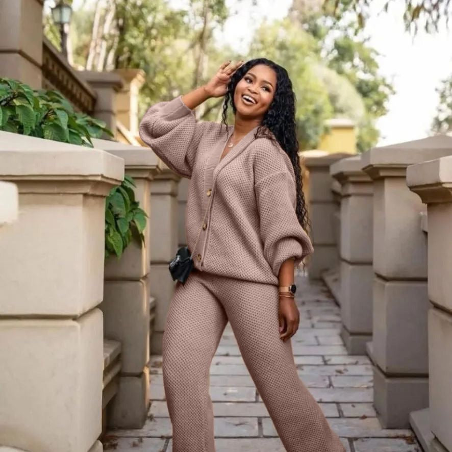 Knitted Loose Cardigan Elastic Waist Pant Two Piece Set