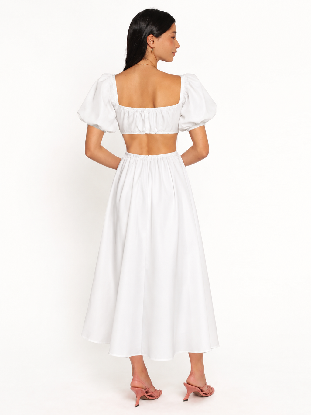 White Cutout Puff Sleeve Curve Midi Dress