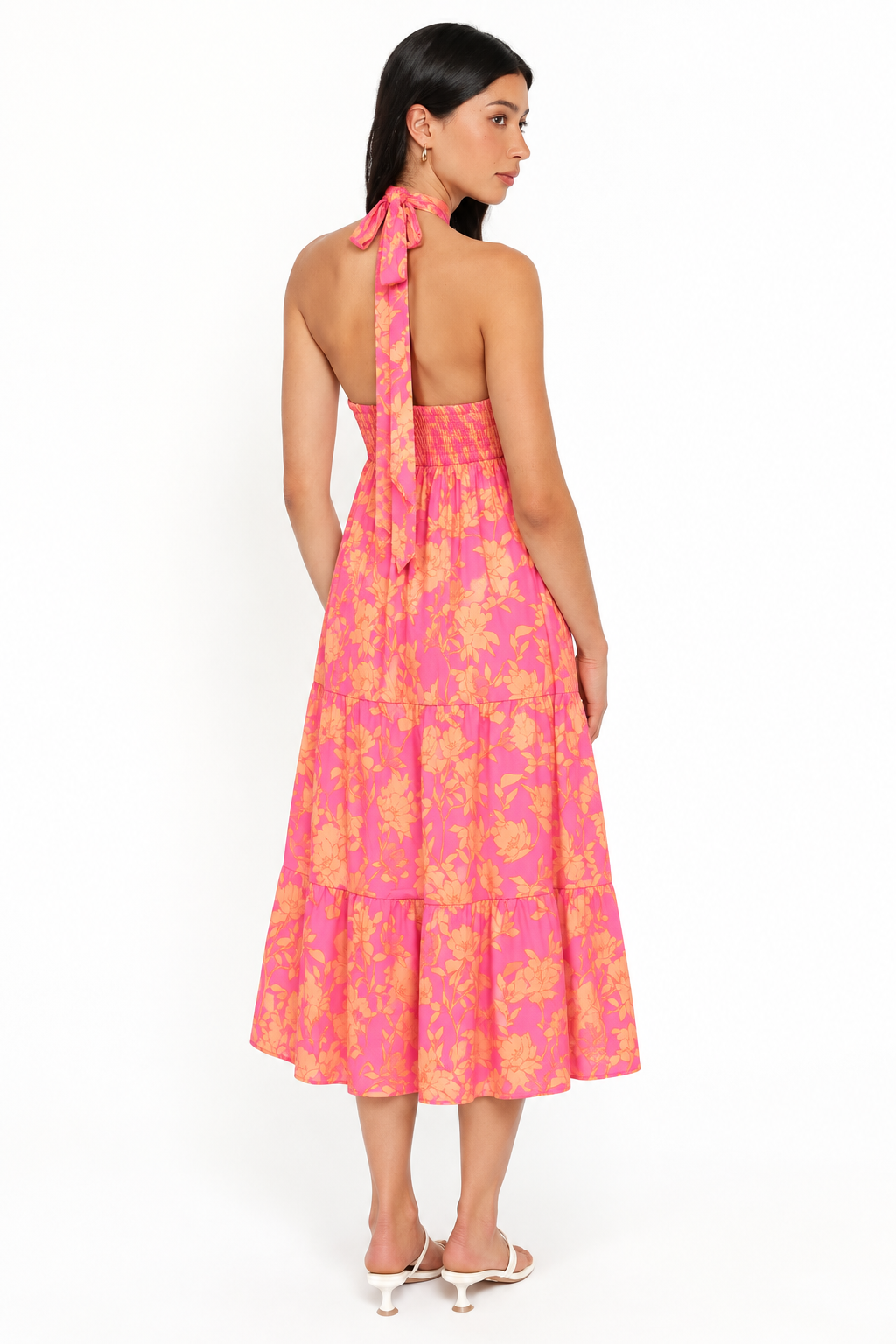 Pink Floral Neck Wrap Midi Dress