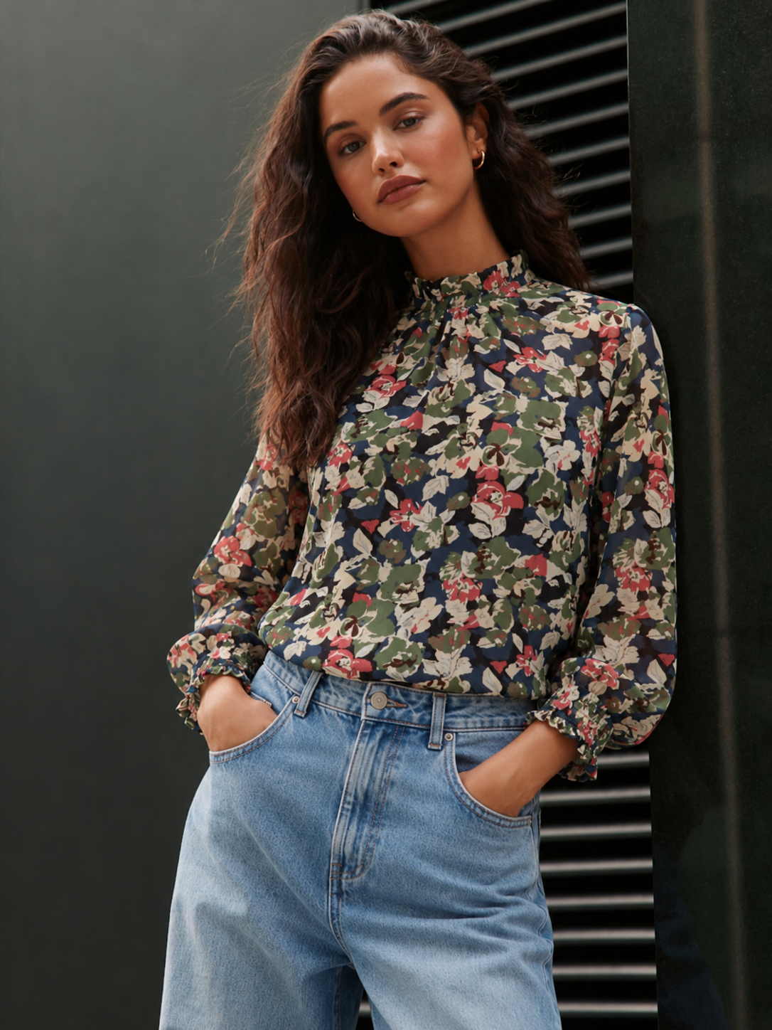 Chiffon Floral Frill Sheer Blouse