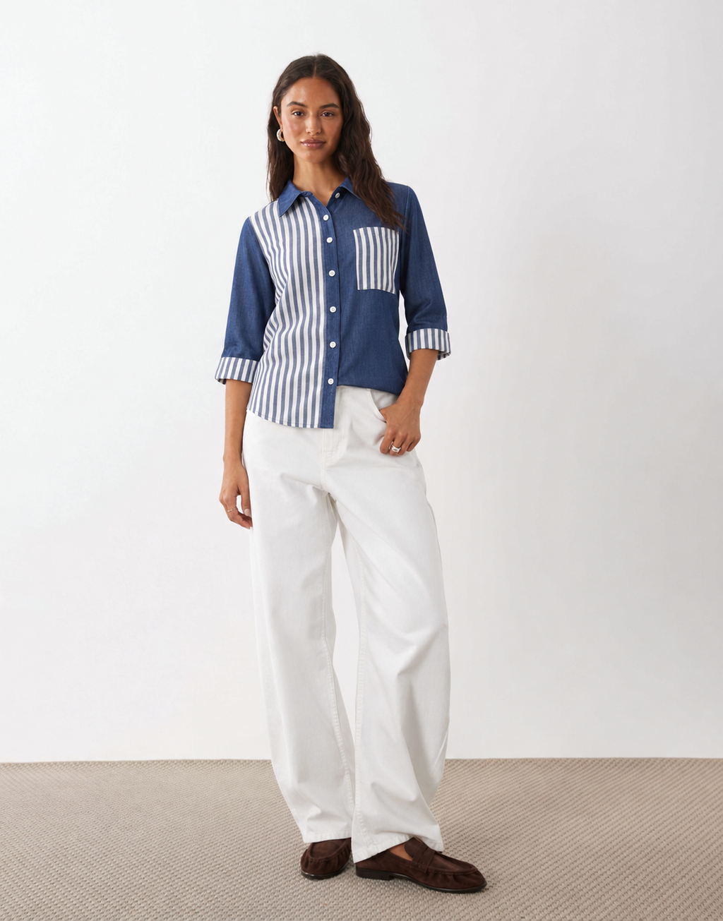 Navy Contrast Striped Button-Up Shirt