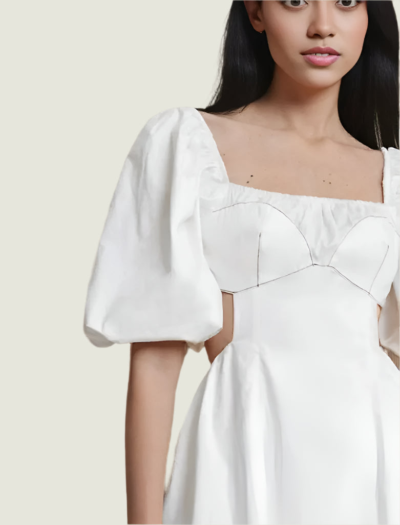 Elegant Puff Sleeve Midi Dress – Chic Cutout Details