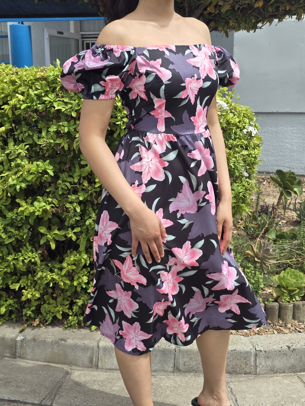 Floral Puff-Sleeve A-Line Midi Dress