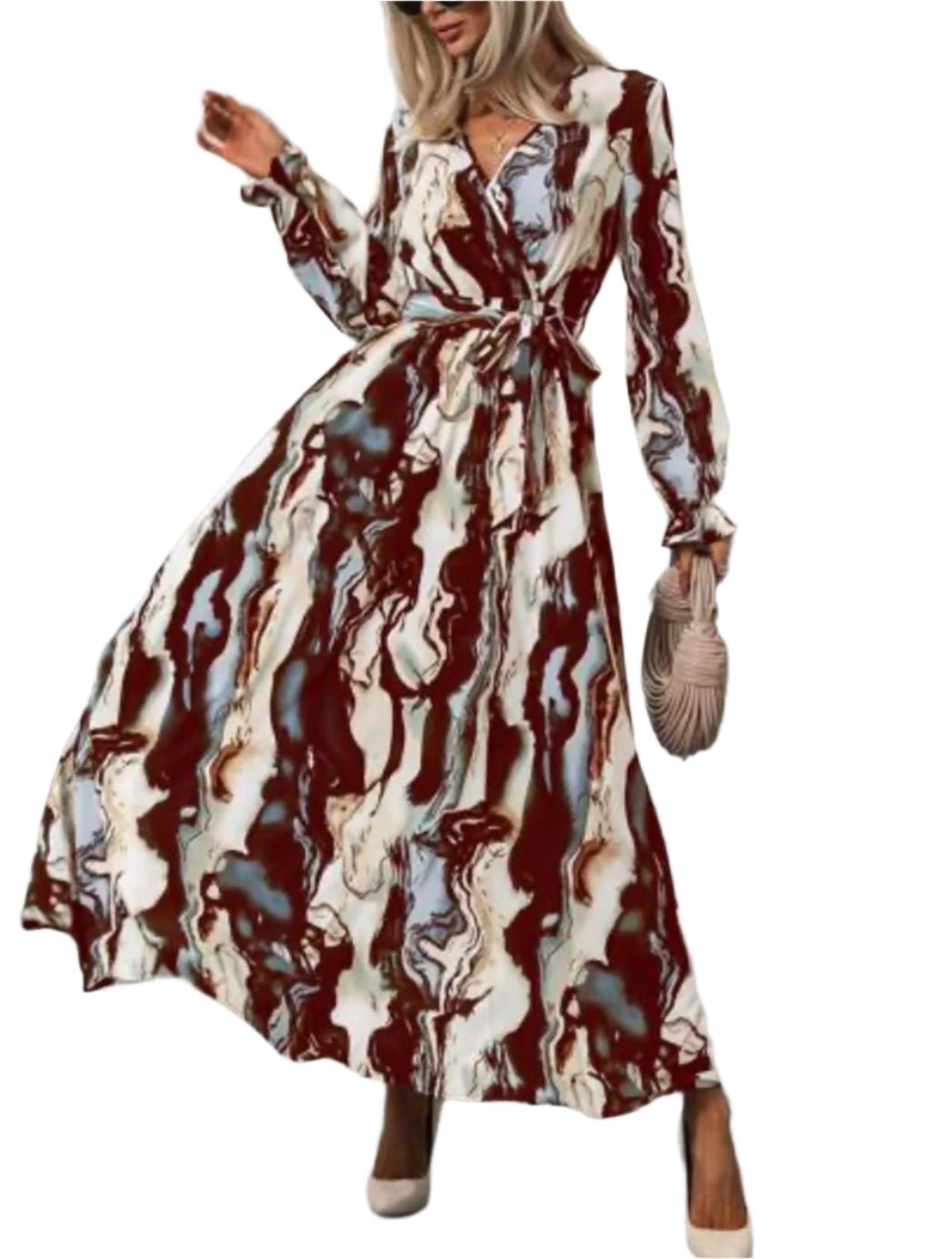 Chic Abstract Print Maxi Dress with Waist Tie – Vibrant & Elegant Flowy Style