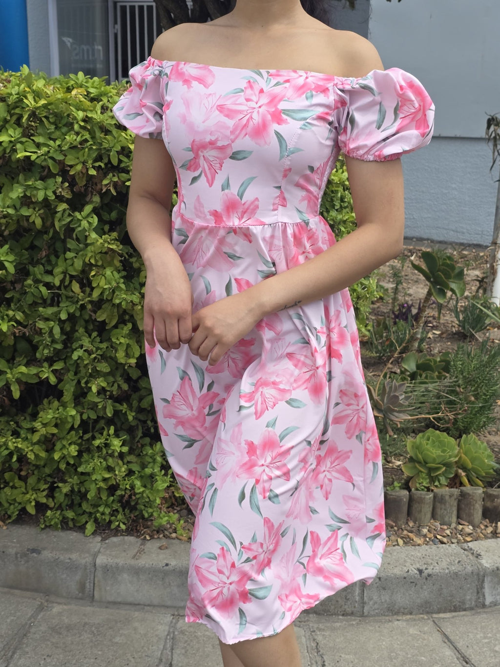 Floral Puff-Sleeve A-Line Midi Dress