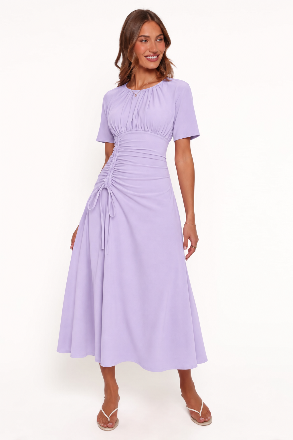 Adjustable Ruched Short-Sleeve Maxi Dress