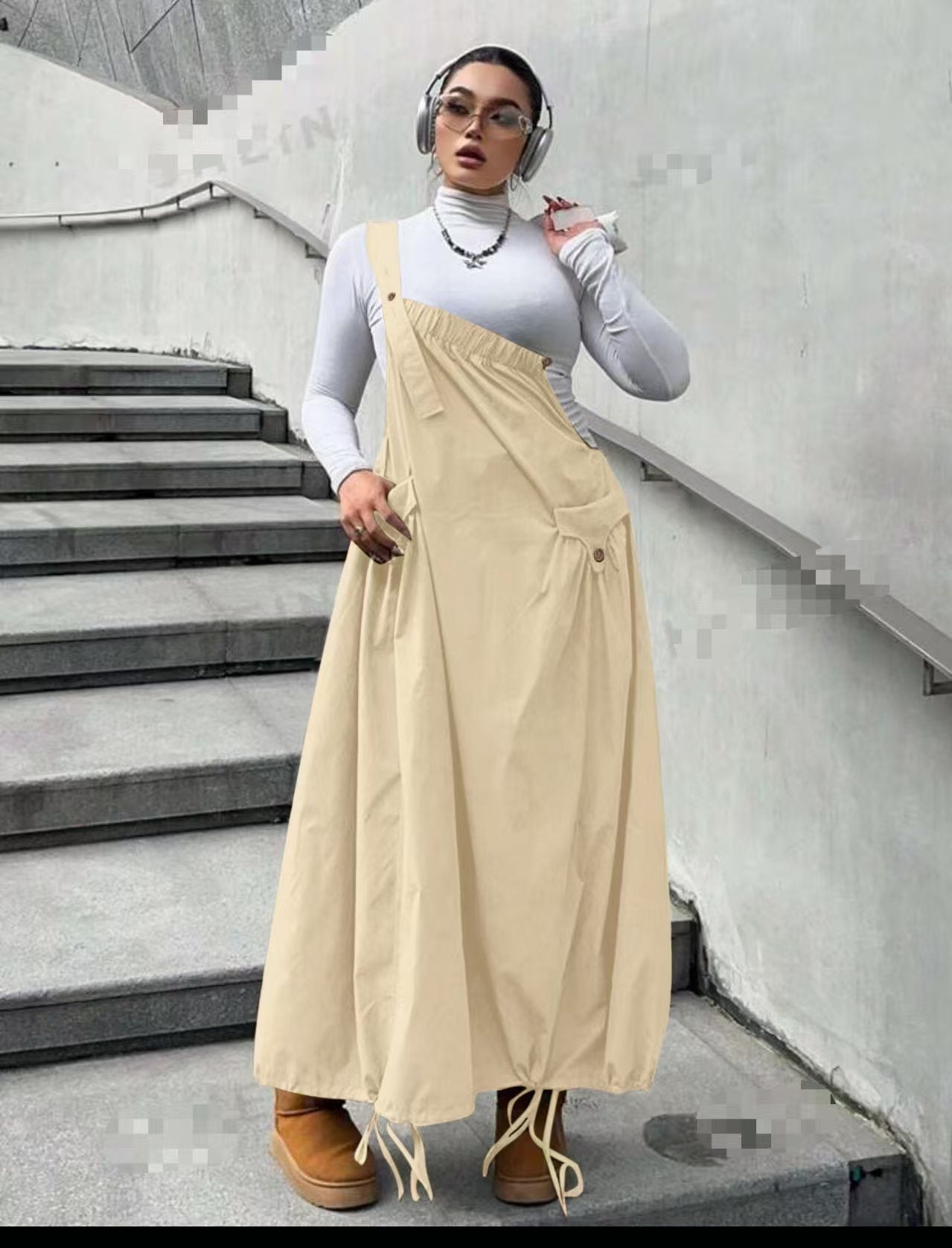 Utility Pocket Drawstring Hem Pinafore Dress – Adjustable Strap Design