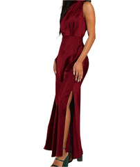 Elegant High-Neck Satin Maxi Dress – Timeless Evening Glam