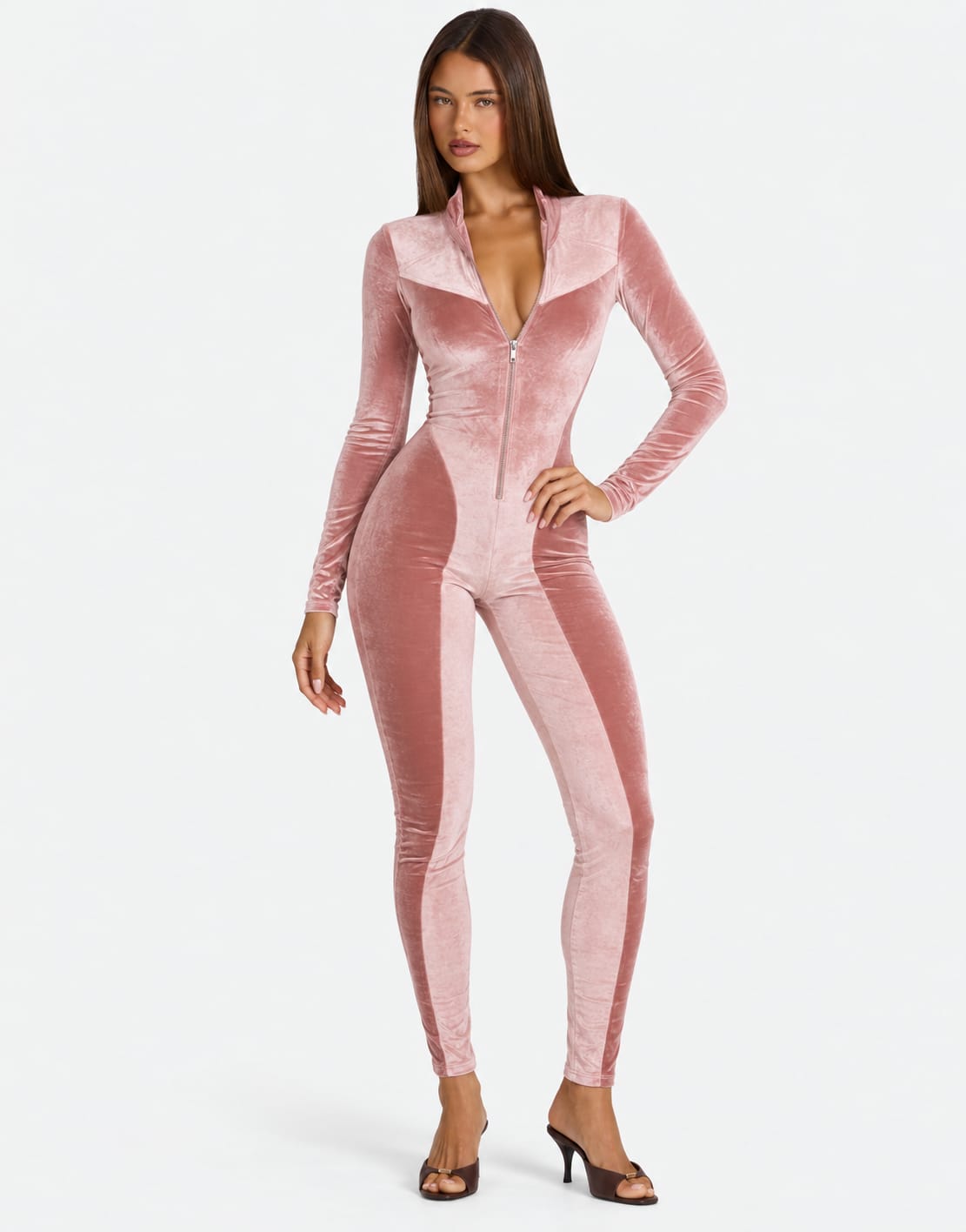 Chic Velvet Zip Up Long Sleeve Catsuit