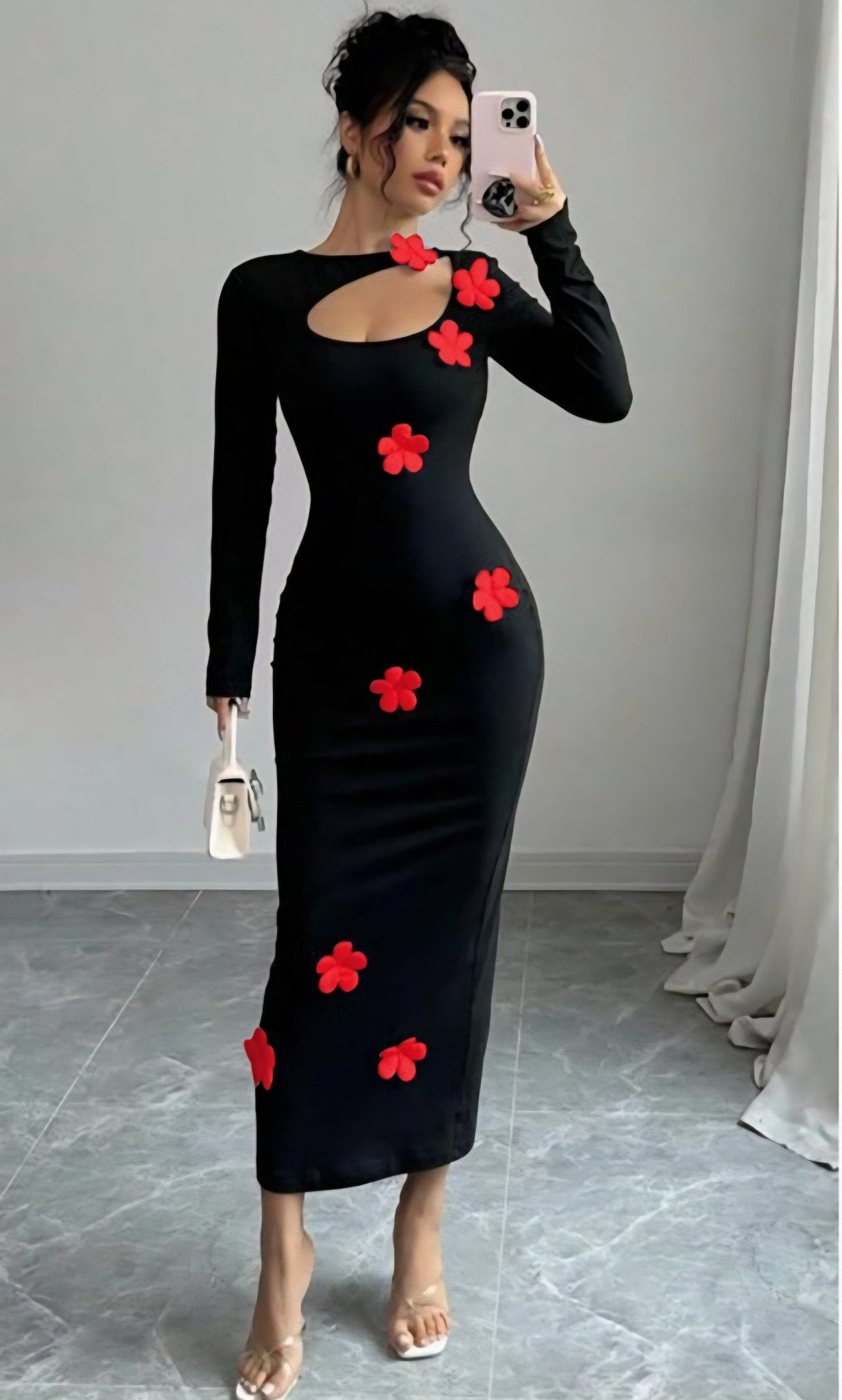 Elegant Floral Appliqué Cut-Out Midi Bodycon Dress