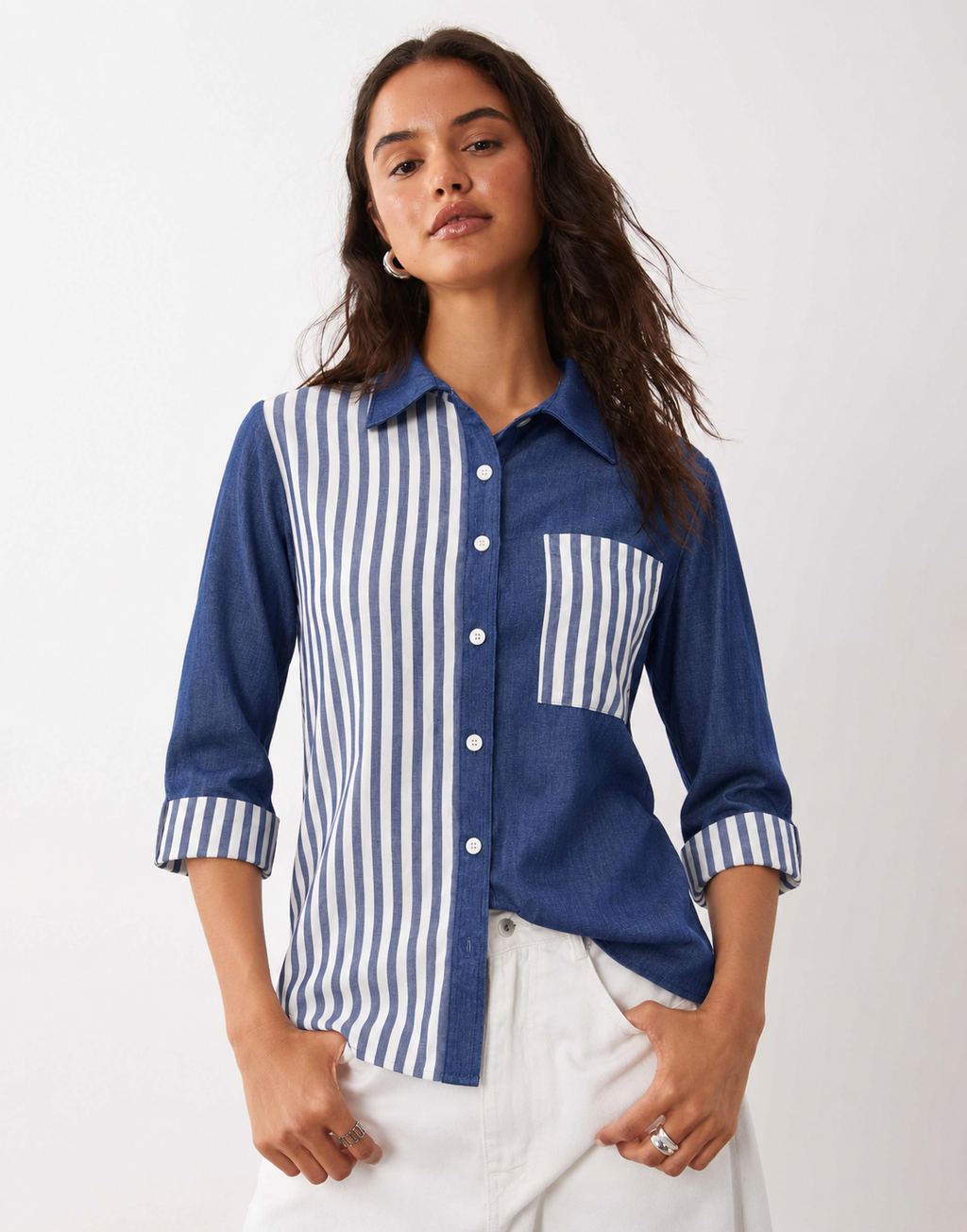 Navy Contrast Striped Button-Up Shirt