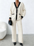 Contrast Trim Knit Cardigan & Wide Leg Pants Set