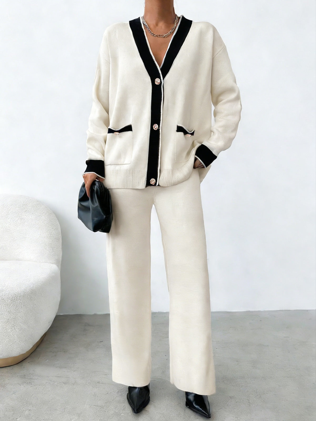 Contrast Trim Knit Cardigan & Wide Leg Pants Set