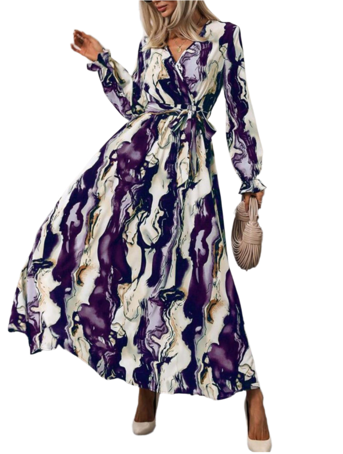 Chic Abstract Print Maxi Dress with Waist Tie – Vibrant & Elegant Flowy Style