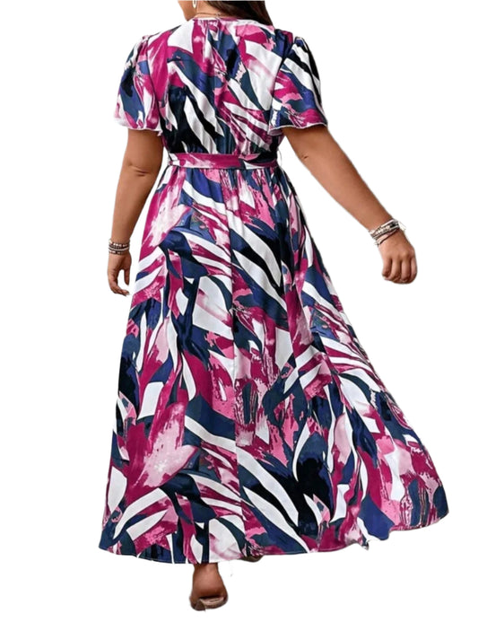 Short Sleeve Printed Maxi Dress with Belt