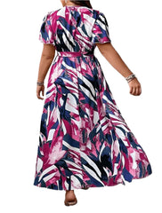 Trendy Short Sleeve Printed Maxi Dress with Belt – Elegant & Comfortable