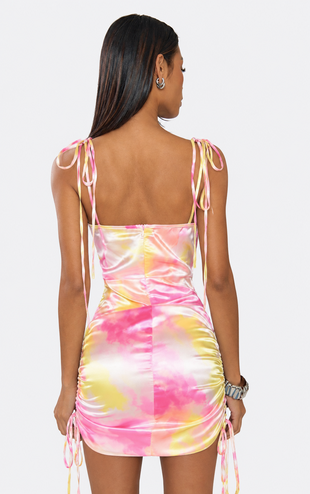 Ruched Drawstring Satin Mini Dress