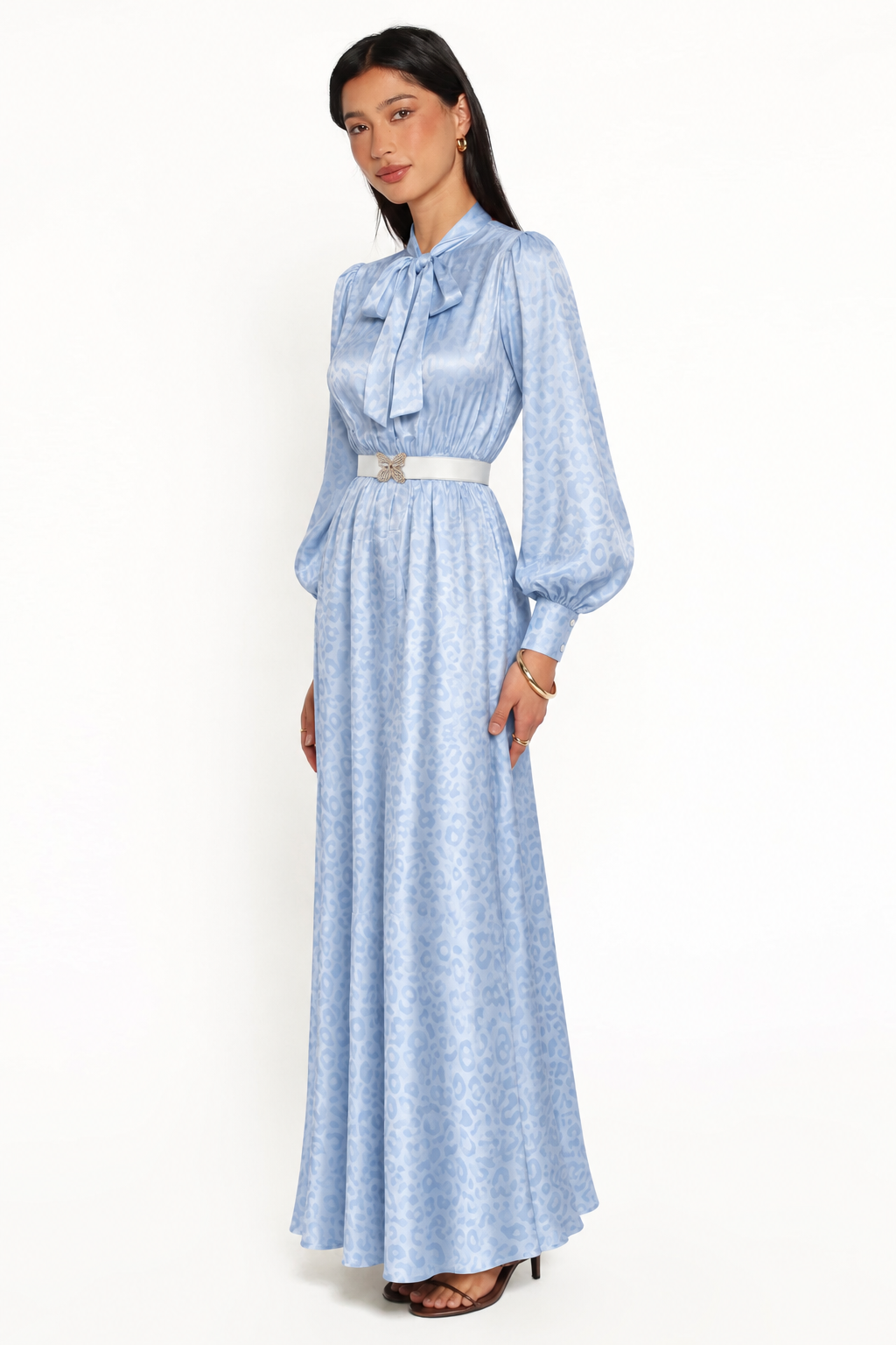 Tie-Neck Satin Maxi Dress With Belt