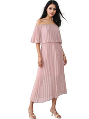 Pink Off-Shoulder Chiffon Pleated Midi Dress 