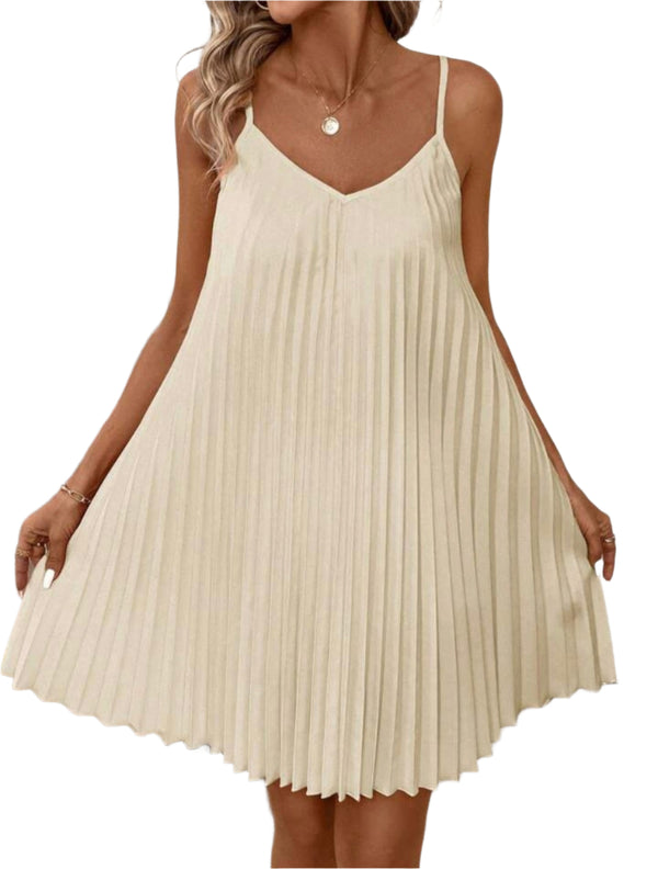 Elegant Pleated Swing Dress – Spaghetti Strap Flowy Mini