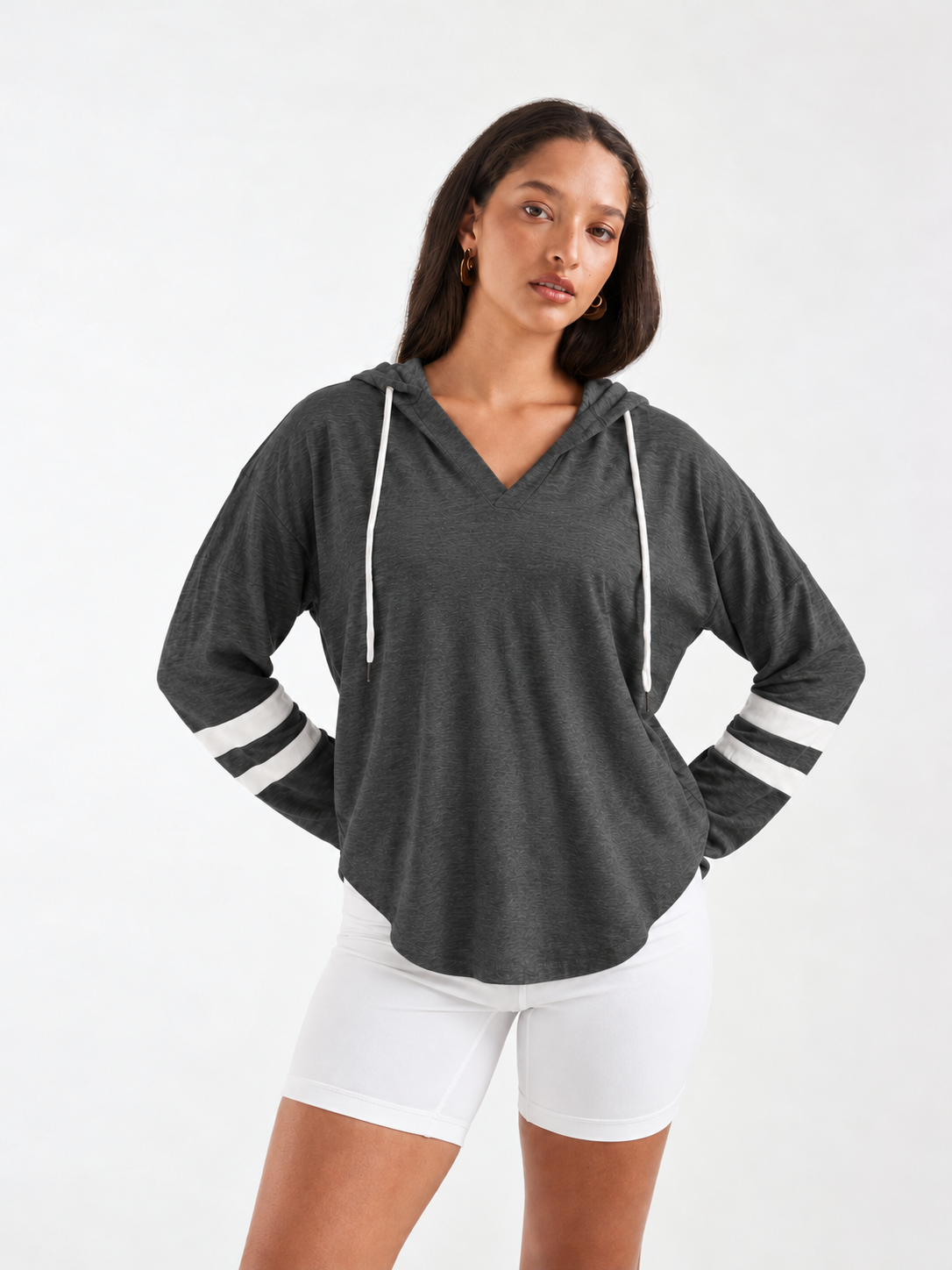 Thin Stripe Hooded Long Sleeve T-Shirt