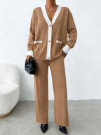 Contrast Trim Knit Cardigan & Wide Leg Pants Set