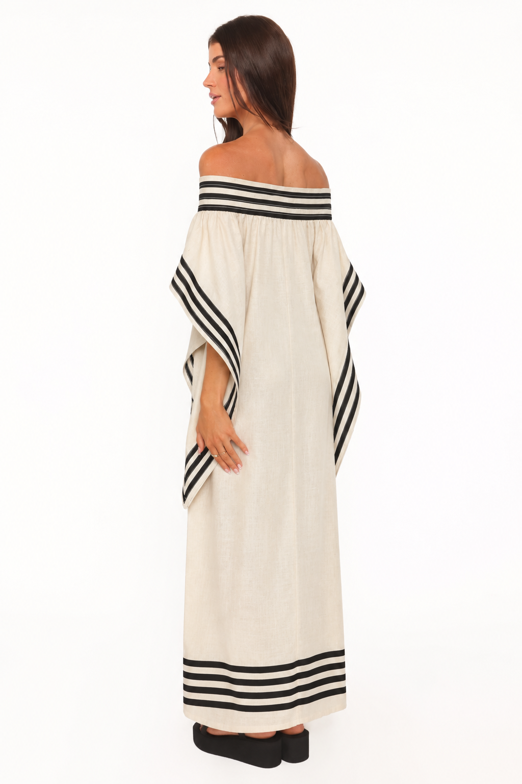 Contrast-Trim Off-Shoulder Maxi Dress