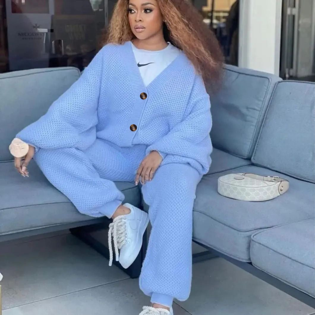Knitted Loose Cardigan Elastic Waist Pant Two Piece Set