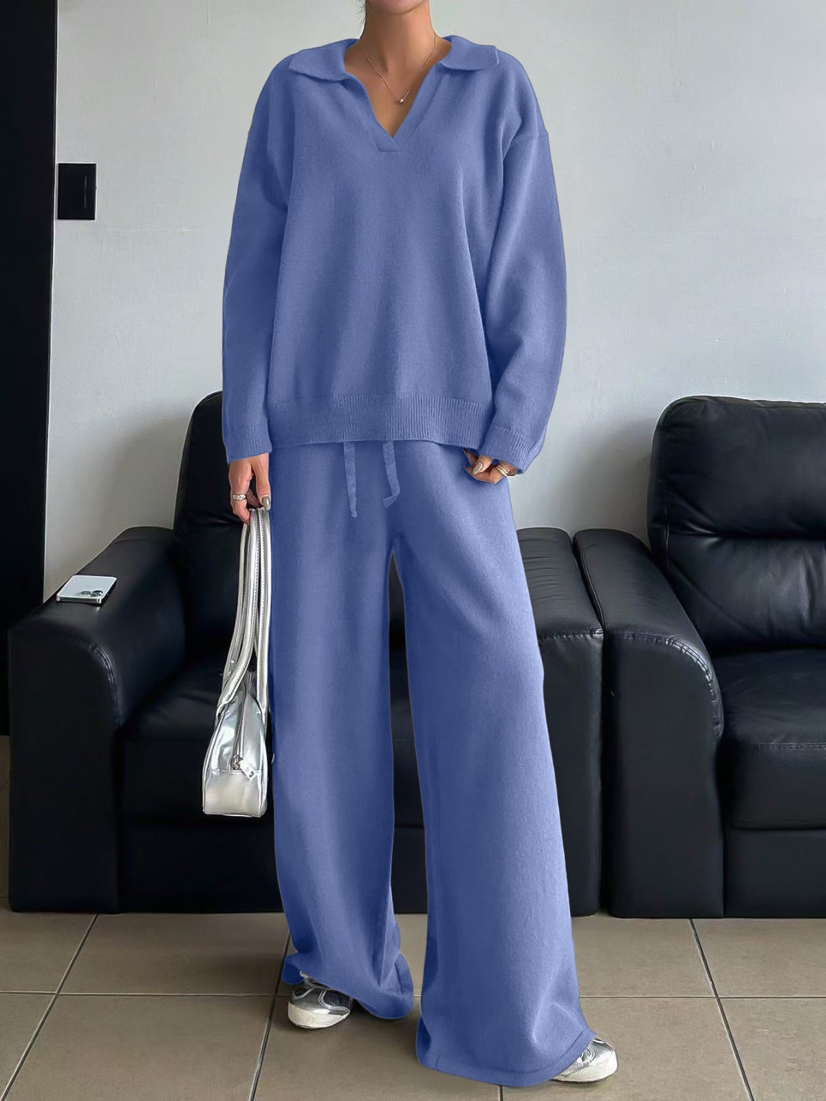 Relaxed Knit Collar Top & Wide Leg Pants 2-Piece Lounge Set