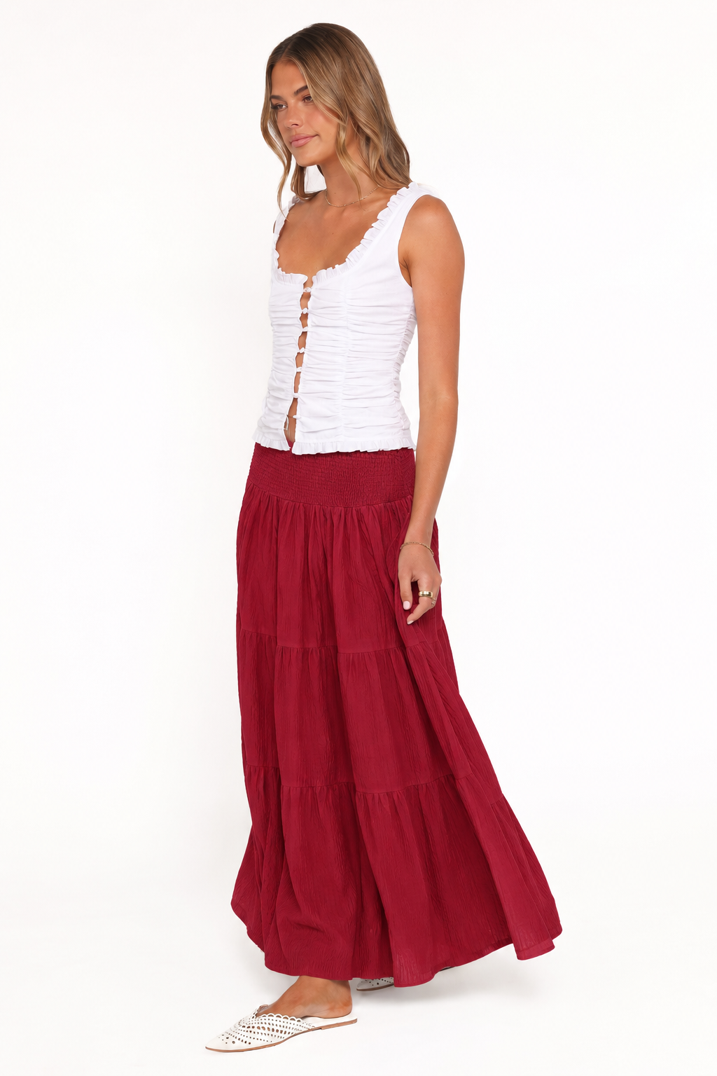 Smocked-Waist Tiered Maxi Skirt